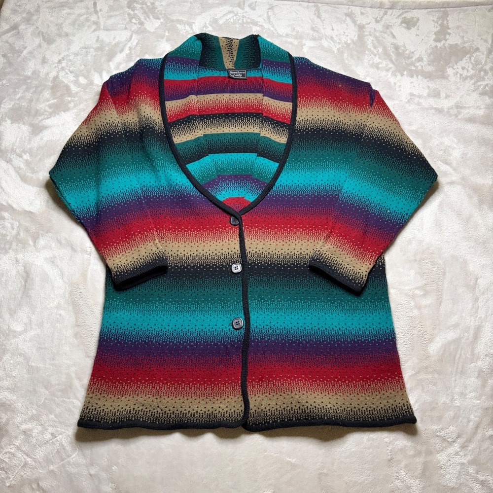 Vtg Southern Lady Cardigan Sweater Womens XL Shawl Collar Southwestern Aztec USA